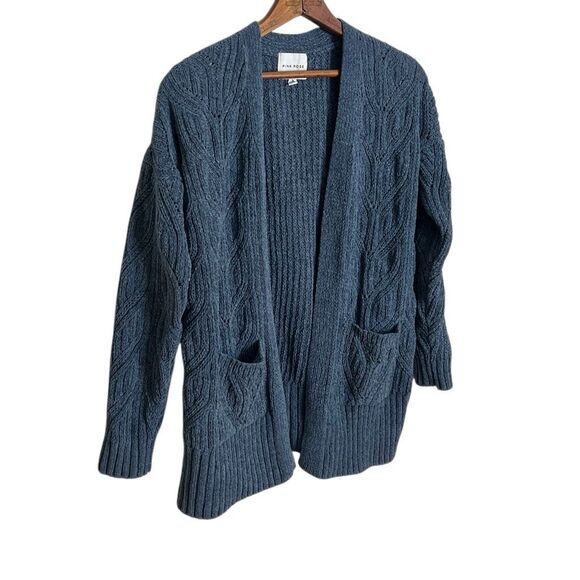 Pink Rose Open Front Cable Knit Pocket Cardigan Sweater Slate Blue Size Small - Picture 3 of 9